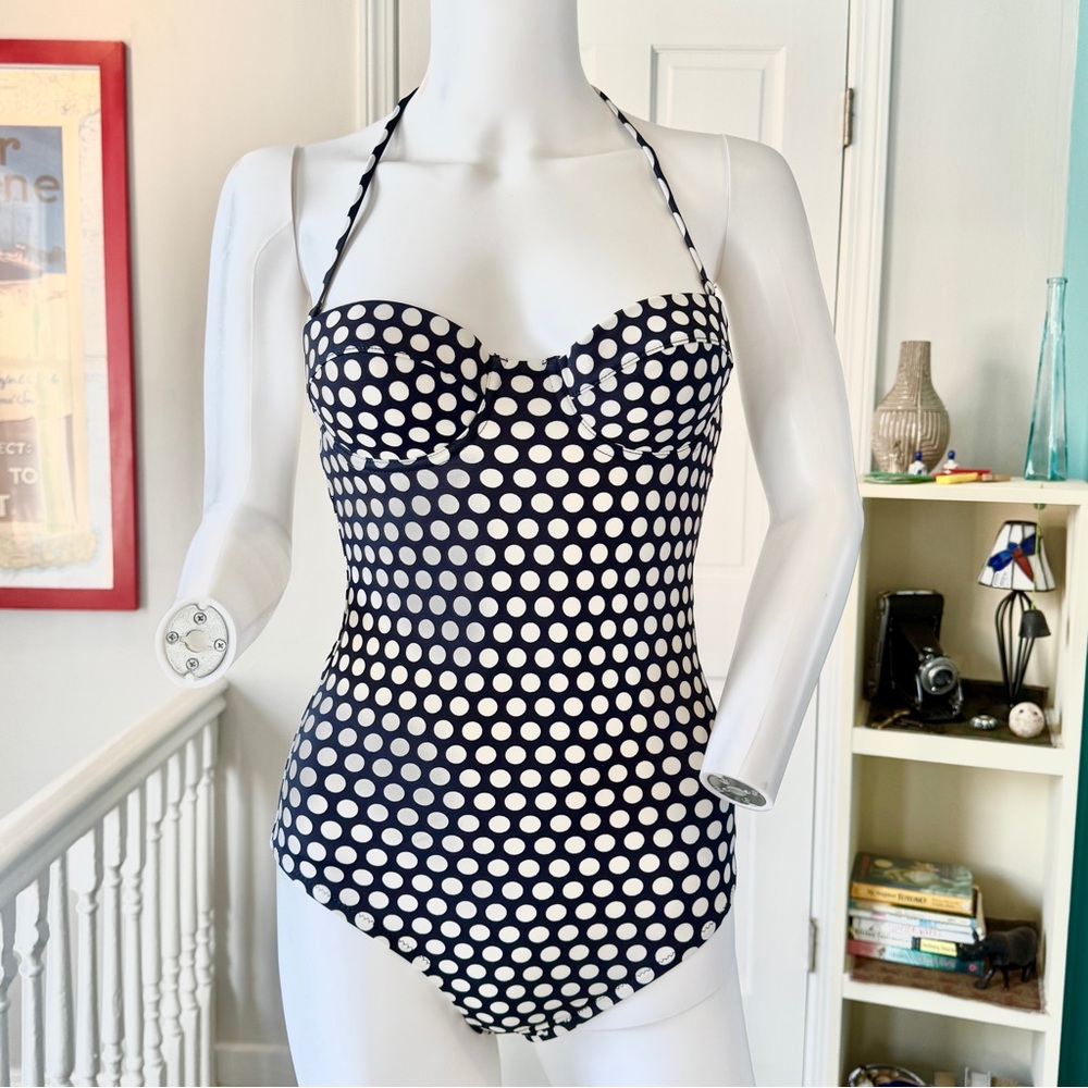 J. Crew Navy and White Polka Dot Swimsuit (size 2)